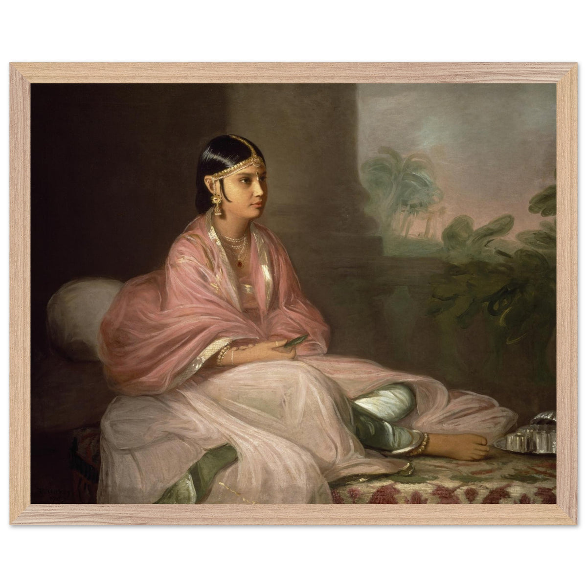 Irish artist Thomas Hickey Indian Lady framed-archival. Framed painting of a woman in traditional attire sitting on a couch with a decorative background.