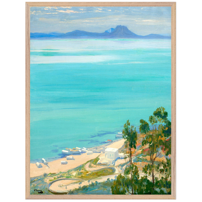 The Bay of Tunis, Morning by Sir John Lavery – Irish landscape art print in light oak frame styled in a neutral interior