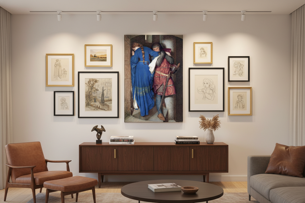 Hellelil and Hildebrand canvas print featured as the centrepiece of a curated gallery wall in a modern interior with soft museum-style lighting.