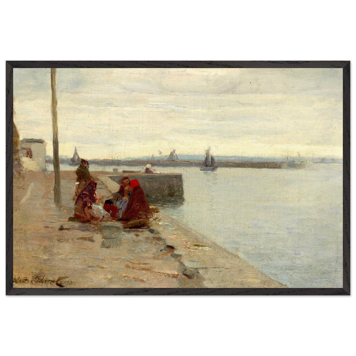 Women on a Galway Quayside by Walter Osborne in a black wooden frame, sailing boats on calm water