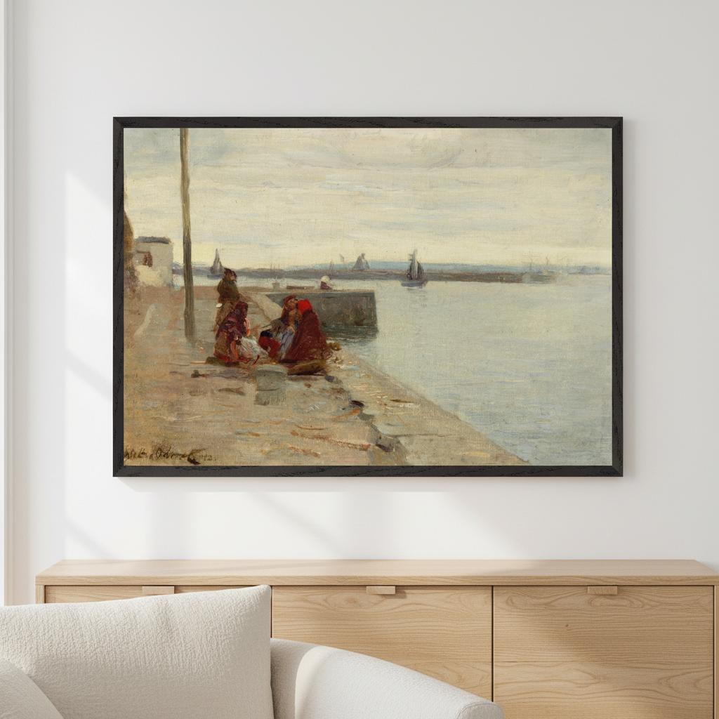 Women on a Galway Quayside by Walter Osborne framed print in a black frame above an oak sideboard