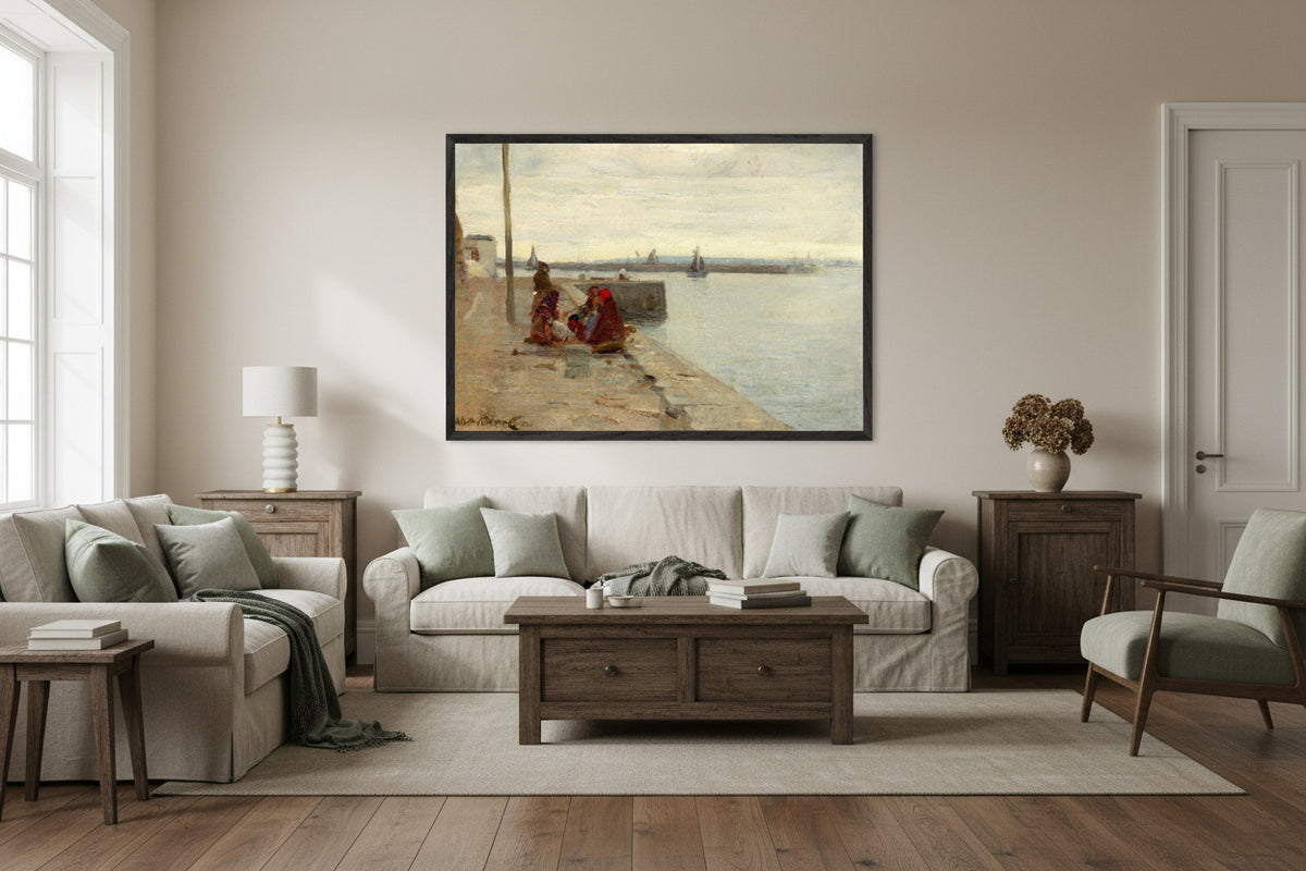 Women on a Galway Quayside by Walter Osborne framed print in a black frame above a sofa in a warm living room