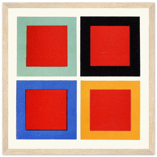 James Ward modification of tone and hue, four red squares colour theory print in natural wood frame above sideboard