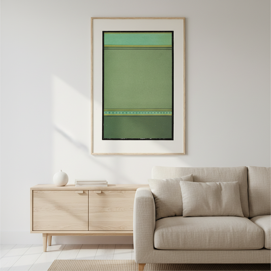 James Ward colour interval study in sage green and gold, framed Irish art print above sofa