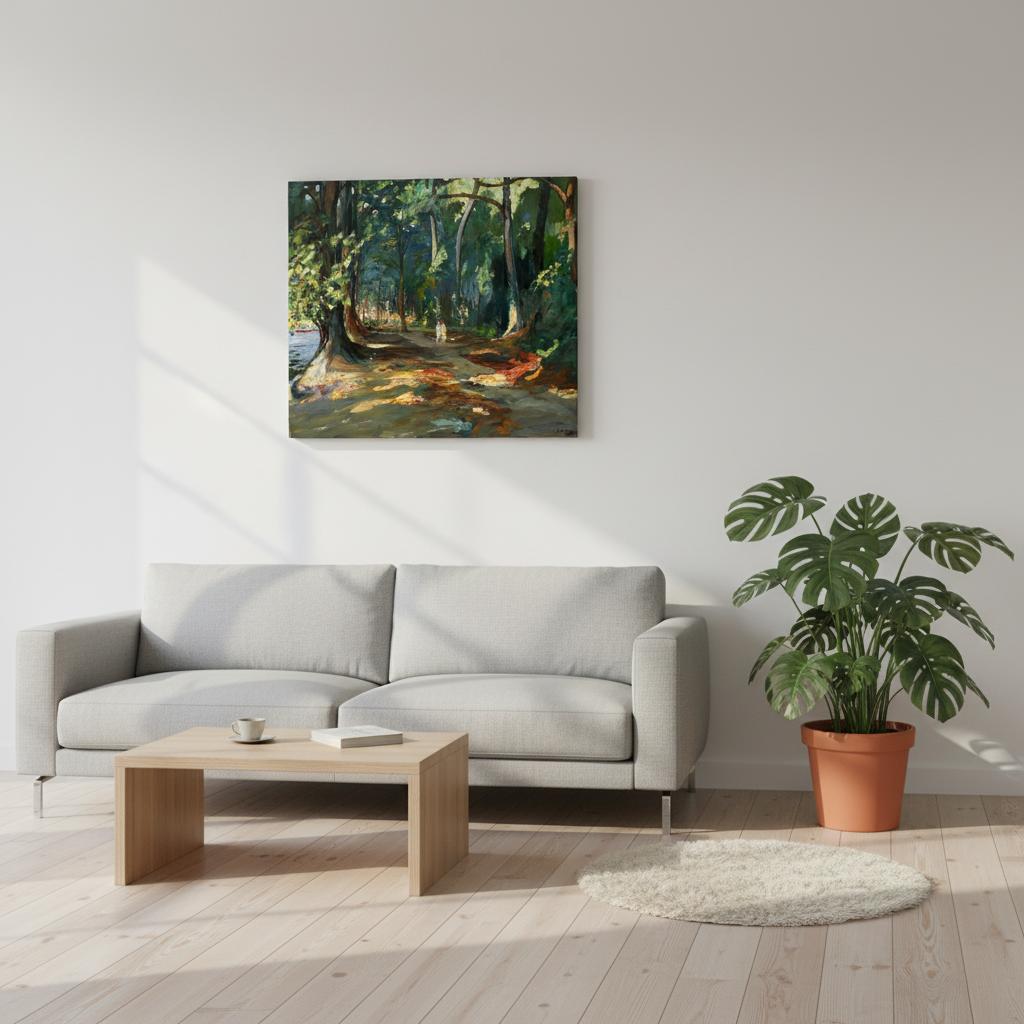 The Path by the River, Maidenhead canvas wall art displayed in a contemporary living room with a grey sofa, wooden coffee table, and a potted plant, featuring a forest painting on the wall.