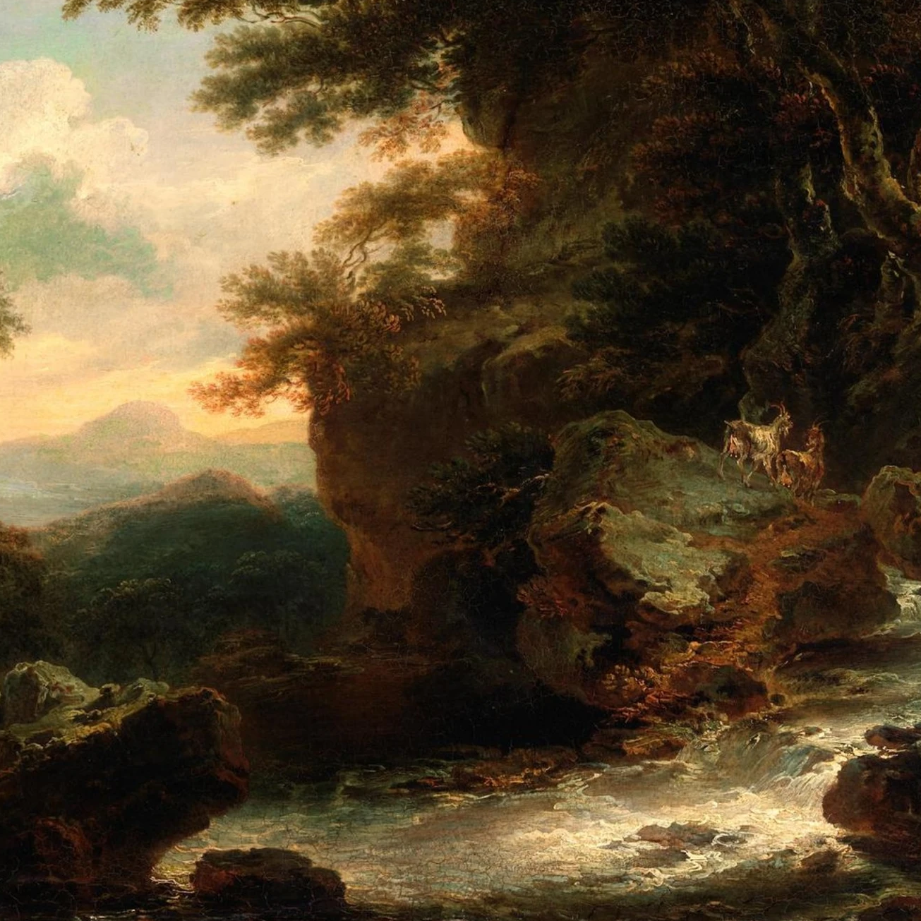 Irish Landscape painting with rocky terrain, trees, and a stream.