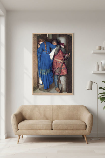 large framed art print of The Meeting on the Turret Stairs – Collector’s Edition Irish Art Print by Frederic William Burton in a natural oak frame, hanging above a low mid-century sofa in a bright Scandinavian living room, neutral walls, soft daylight, wooden floor, plants and simple ceramics, artwork colours vivid and accurate, Buy Irish Art