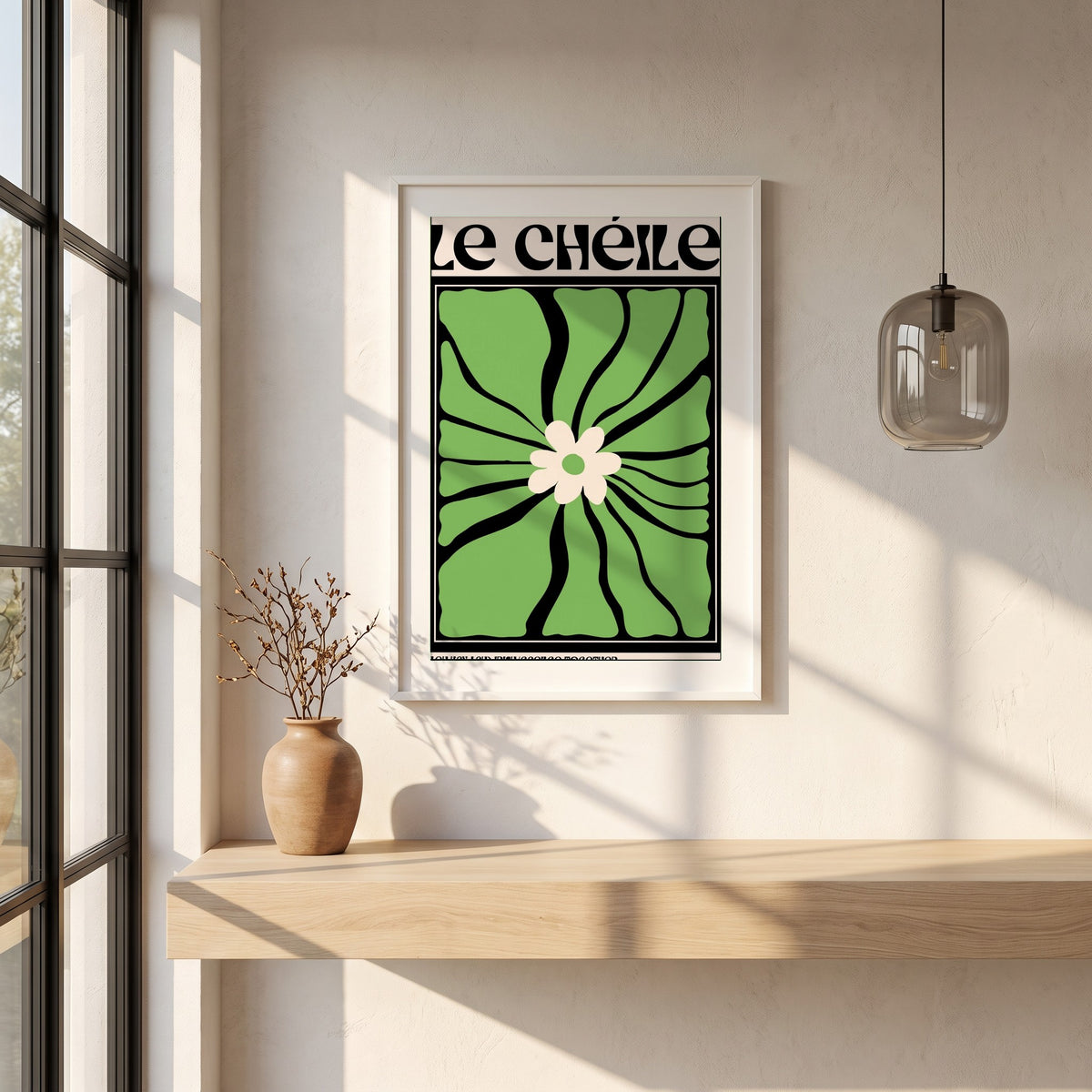 Le Chéile framed print in a white frame on a plaster wall above an oak worktop in a bright Scandinavian kitchen