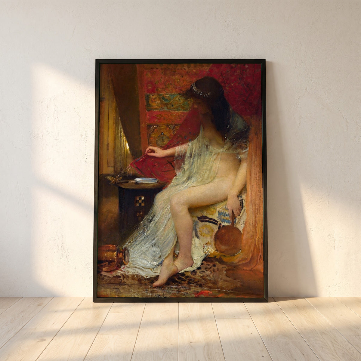 Lesbia's Sparrow framed print in a black frame leaning against a white plaster wall on oak floorboards in morning light