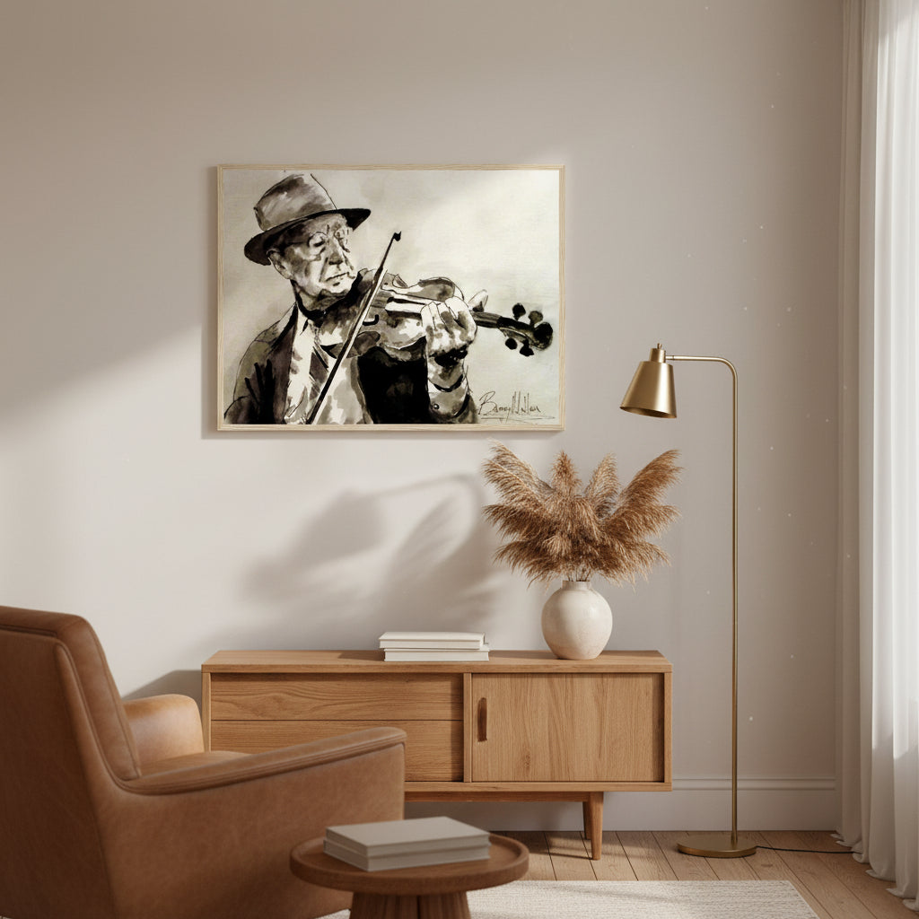 light natural wood gallery frame around Irish fiddle player artwork, warm cosy room, oak textures, mid-century modern decor, soft warm lighting, approachable lifestyle feel
