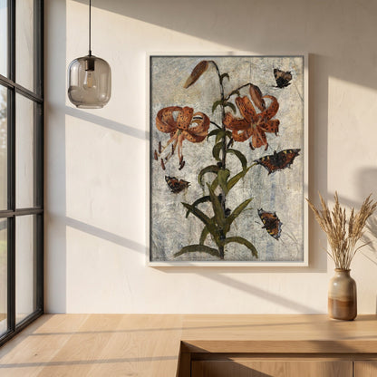 Lilies and Butterflies by Nathaniel Hone framed print in a white frame on a plaster wall above an oak worktop in a bright Scandinavian kitchen