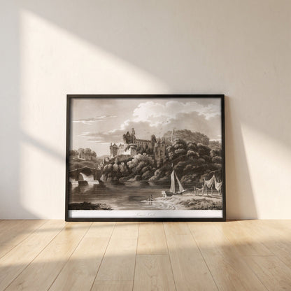 Lismore Castle by Thomas Sautelle Roberts Art Print framed print in a black frame leaning against a white plaster wall on oak floorboards in morning light