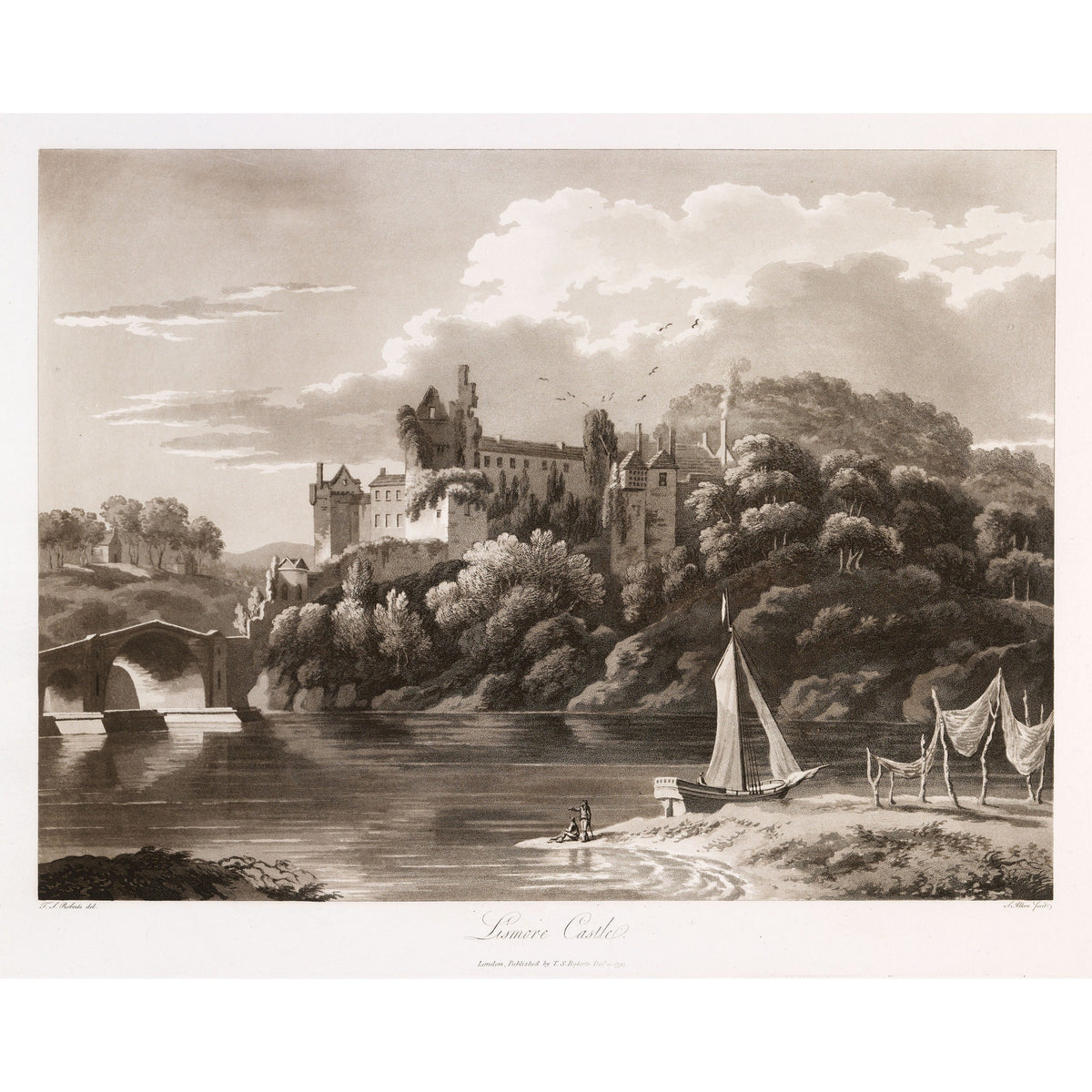 Lismore Castle above the Blackwater, 1790s aquatint by Thomas Sautelle Roberts, engraved by Samuel Alken - vintage Irish art print