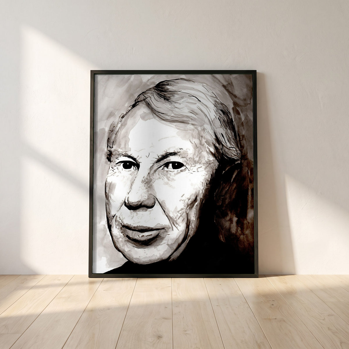 Louis le Brocquy Portrait framed print in a black frame leaning against a white plaster wall on oak floorboards in morning light