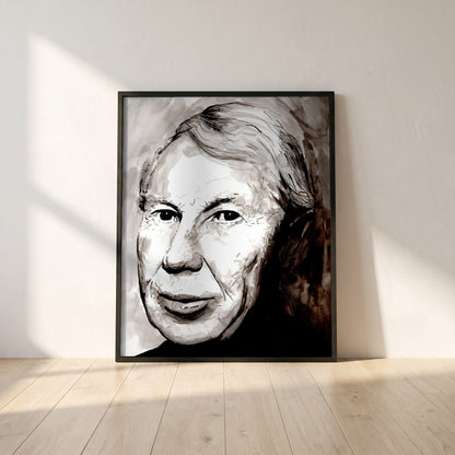Louis le Brocquy Portrait framed print in a black frame leaning against a white plaster wall on oak floorboards in morning light