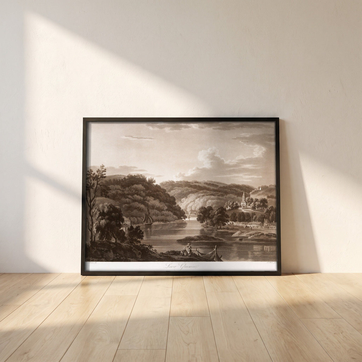 Lower Glanmire by Thomas Sautelle Roberts Art Print framed print in a black frame leaning against a white plaster wall on oak floorboards in morning light