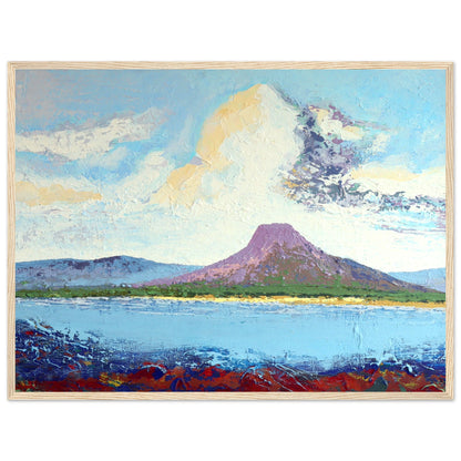 Lurig Mountain from the Shore print with a thin oak frame, textured sky and calm blue bay