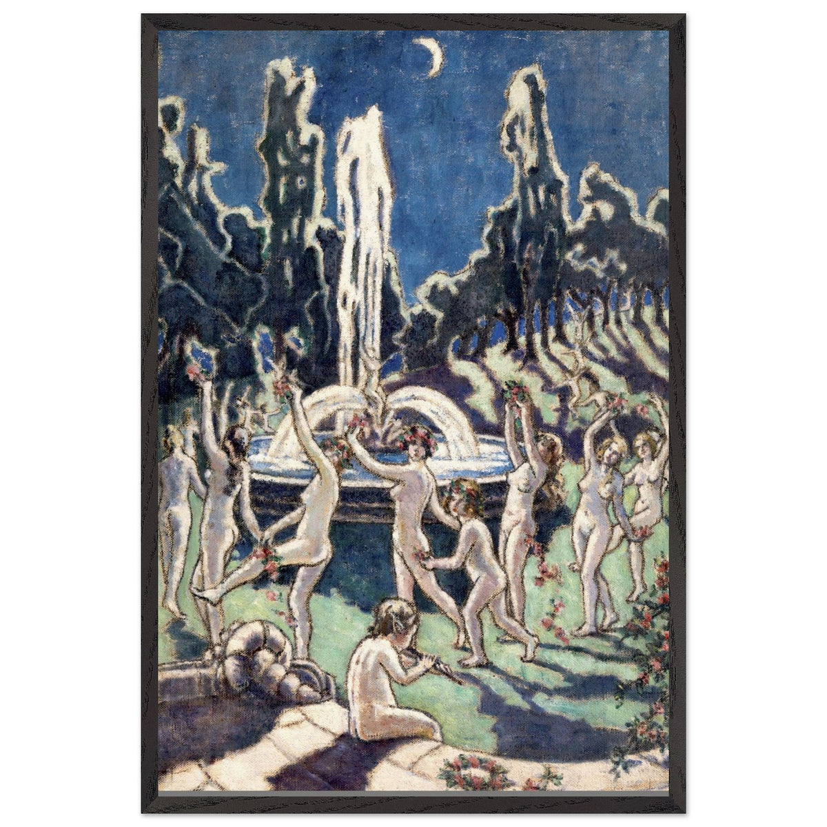 Mainie Jellett Figures Dancing Round a Fountain in a slim black frame, kneeling figure in the foreground