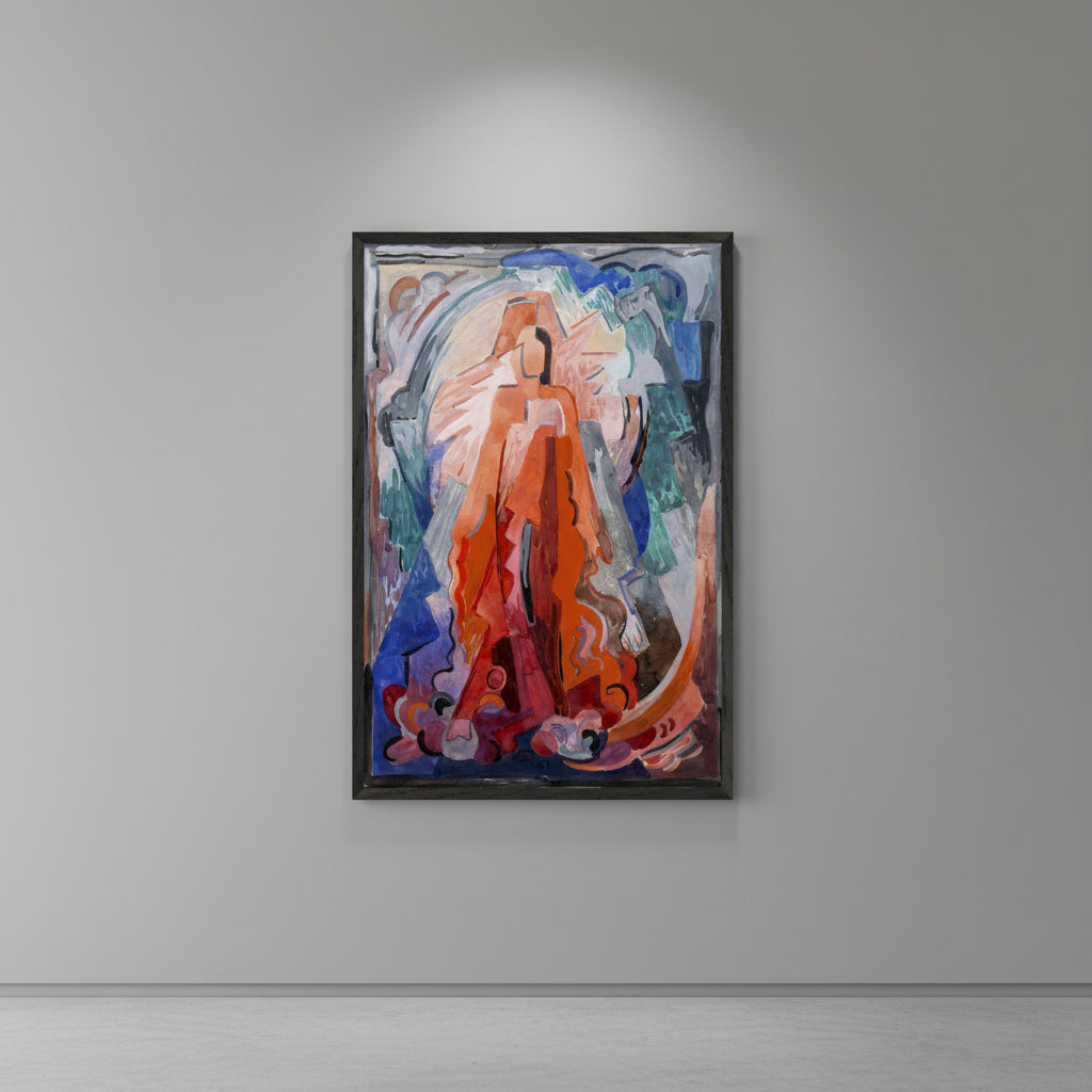 I Have Trodden the Winepress Alone by Mainie Jellett – black framed Irish Modernist religious art reproduction framed art mockup of Mainie Jellett “I Have Trodden the Winepress Alone”,
thin black gallery frame, hanging on soft grey museum wall, diffused
gallery lighting, subtle shadows, high-end collector home interior,
ultra-realistic 4K photography
