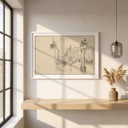Merrion Row, Dublin, and Tracton House framed print in a white frame on a plaster wall above an oak worktop in a bright Scandinavian kitchen