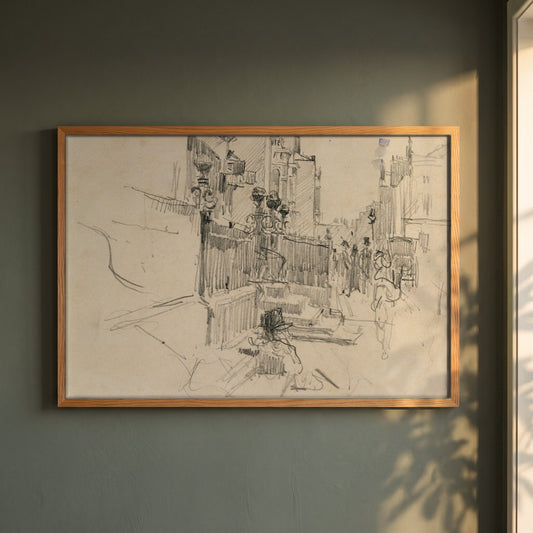 Merrion Row, Dublin, near the Shelbourne Hotel framed print in a natural oak frame on a dark green wall beside a window, dappled plant shadow