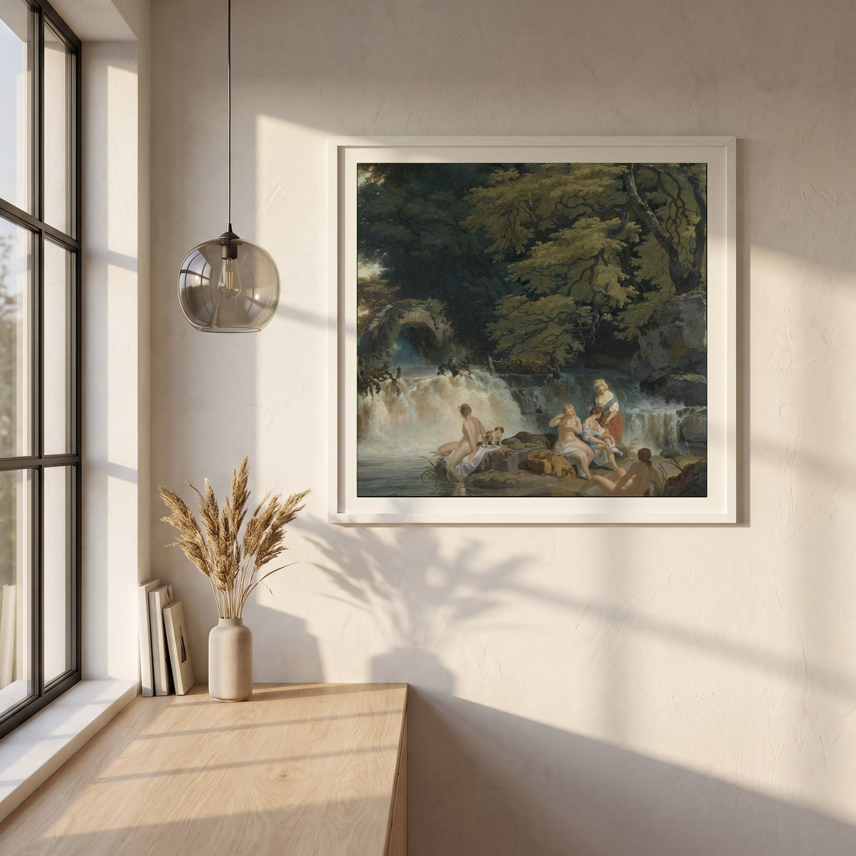 Nymphs Bathing framed print in a white frame on a plaster wall above an oak worktop in a bright Scandinavian kitchen
