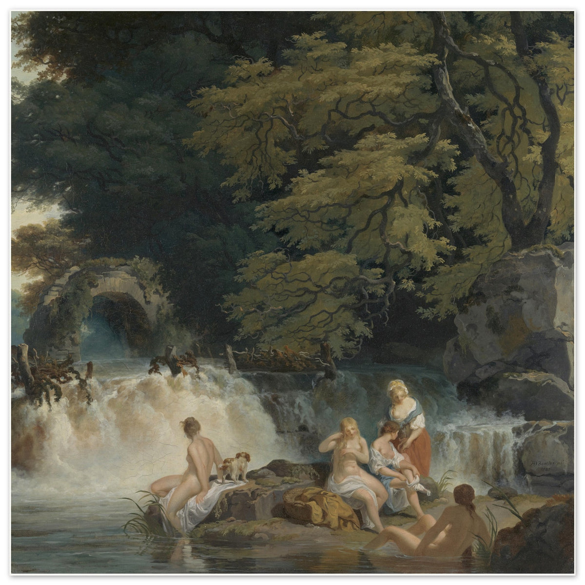Nymphs Bathing, Salmon Leap at Leixlip by Francis Wheatley, 1783, bathers by a waterfall under dark trees