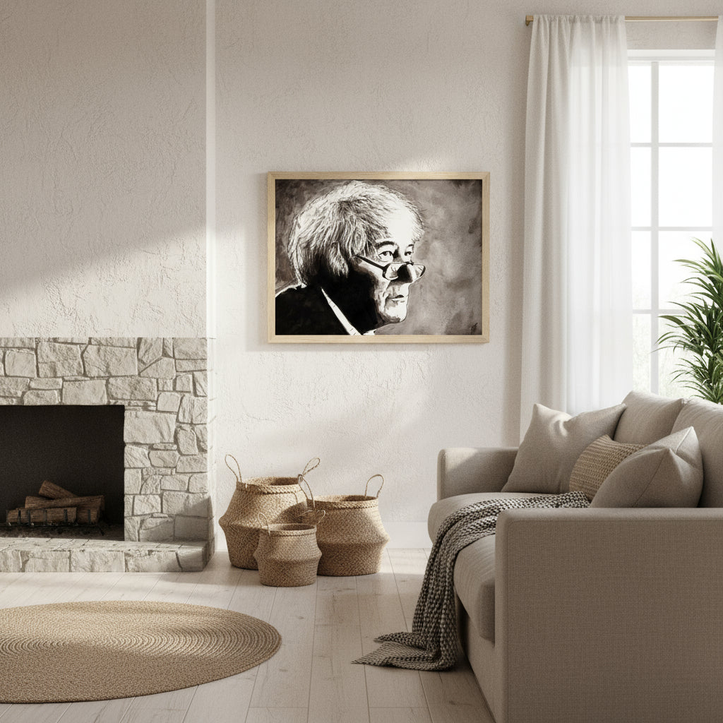 Immerse your space in the poetic brilliance of Seamus Heaney with our framed fine art print. This carefully crafted portrait print pays homage to the lyrical genius of the beloved Irish poet. Oak-framed Seamus Heaney print displayed in a Scandinavian-style living room with linen sofa, stone fireplace, and natural textures. Soft morning light falls on the wall, creating a serene, timeless atmosphere.