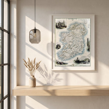Old Map of Ireland framed print in a white frame on a plaster wall above an oak worktop in a bright Scandinavian kitchen