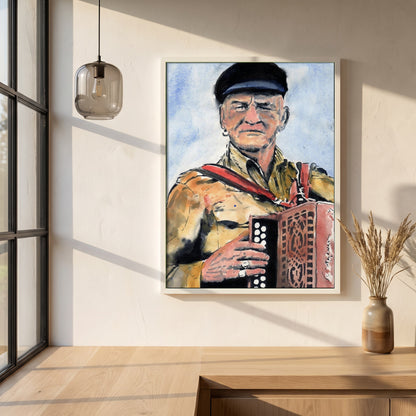 Patsy Dan Rogers Framed Art Print King of Tory Island framed print in a white frame on a plaster wall above an oak worktop in a bright Scandinavian kitchen
