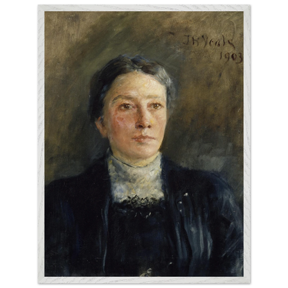 Front view of Portrait of Augusta Gregory by John Butler Yeats in white frame, ready to hang