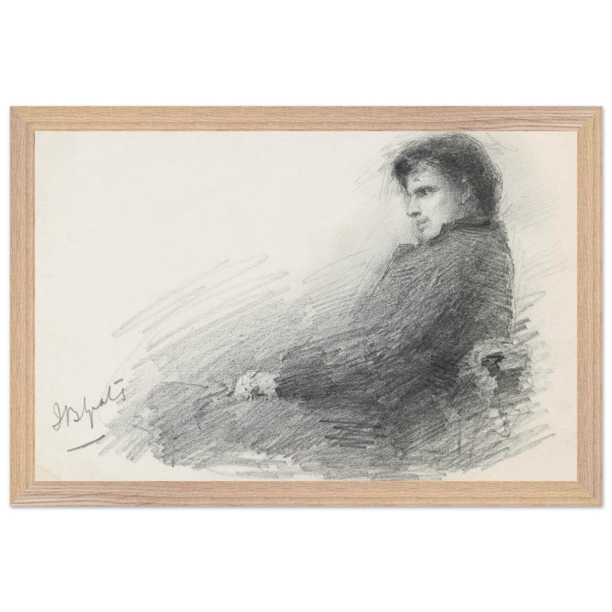 Framed portrait of young W.B. Yeats in wood frame