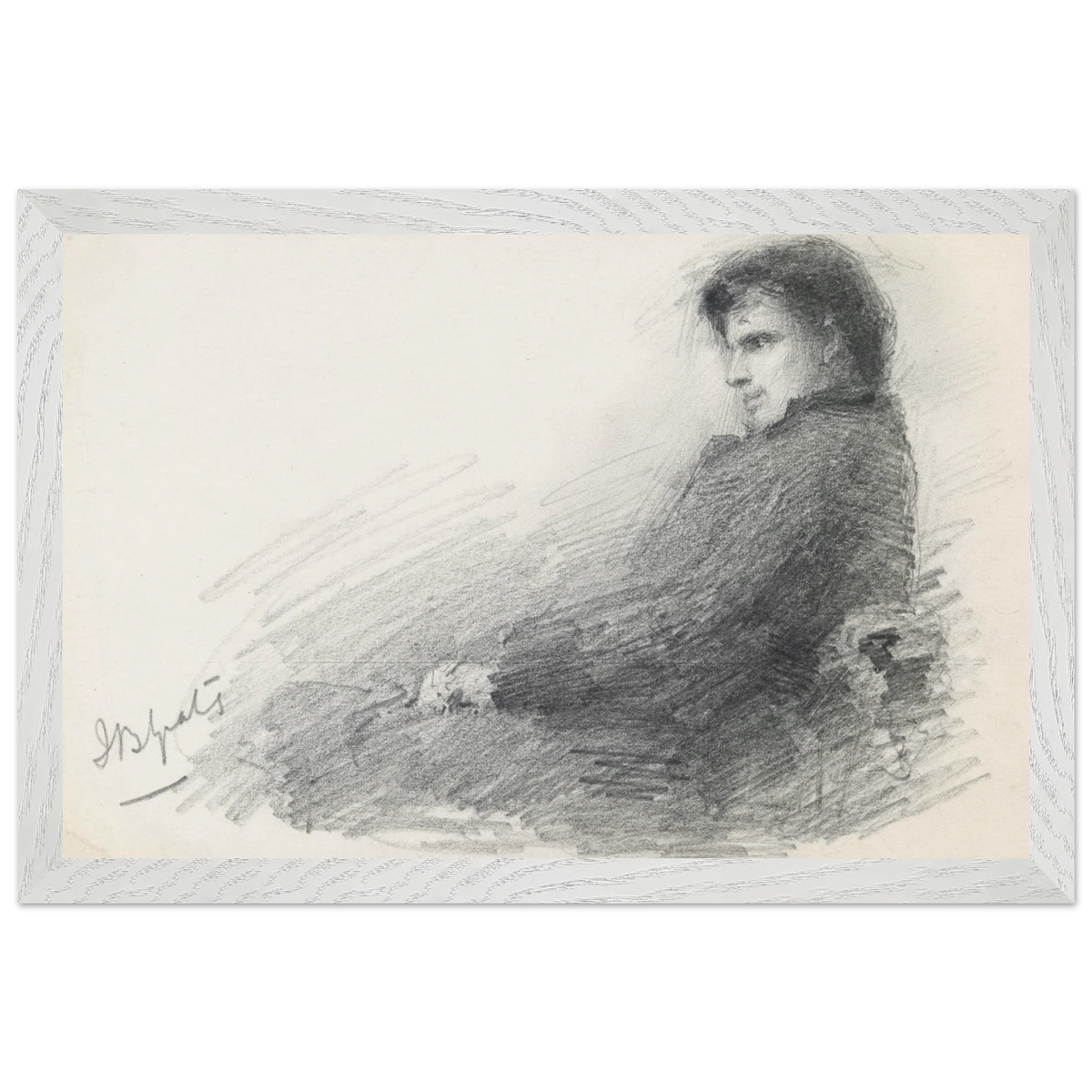 Framed portrait of young W.B. Yeats in white frame