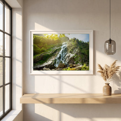 Powerscourt Waterfall Wicklow framed print in a white frame on a plaster wall above an oak worktop in a bright Scandinavian kitchen