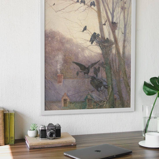 Video of a white framed Irish art print hanging on a wall in an office Shades of Evening by Irish Artist Mildred Anne Butler 