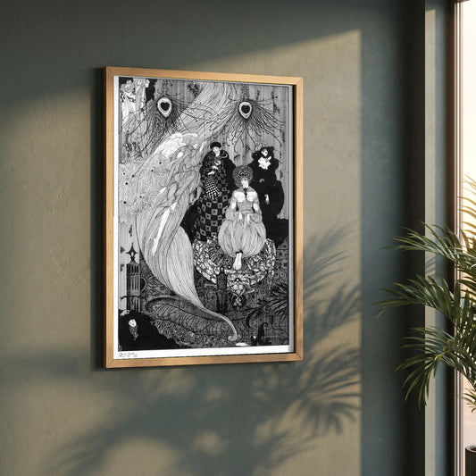Down to the Central Earth framed print in a natural oak frame on a dark green wall beside a window, dappled plant shadow