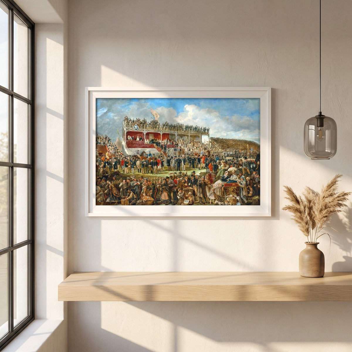 Punchestown Races by John Fergus O'Hea framed print in a white frame on a plaster wall above an oak worktop in a bright Scandinavian kitchen