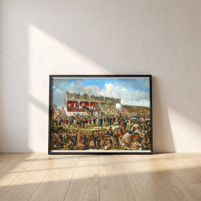 Punchestown Races by John Fergus O'Hea framed print in a black frame leaning against a white plaster wall on oak floorboards in morning light