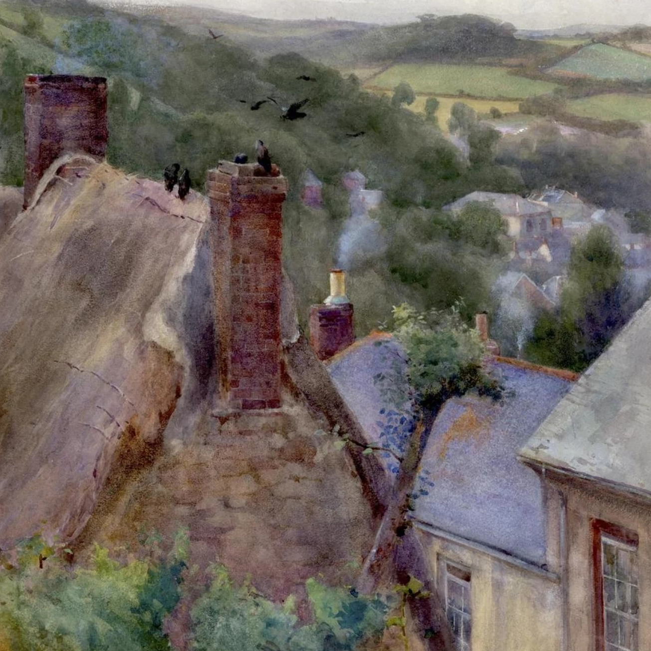 Close-up detail of Rooftops, Thomastown, Kilkenny by Mildred Anne Butler showing watercolour texture and tonal transitions