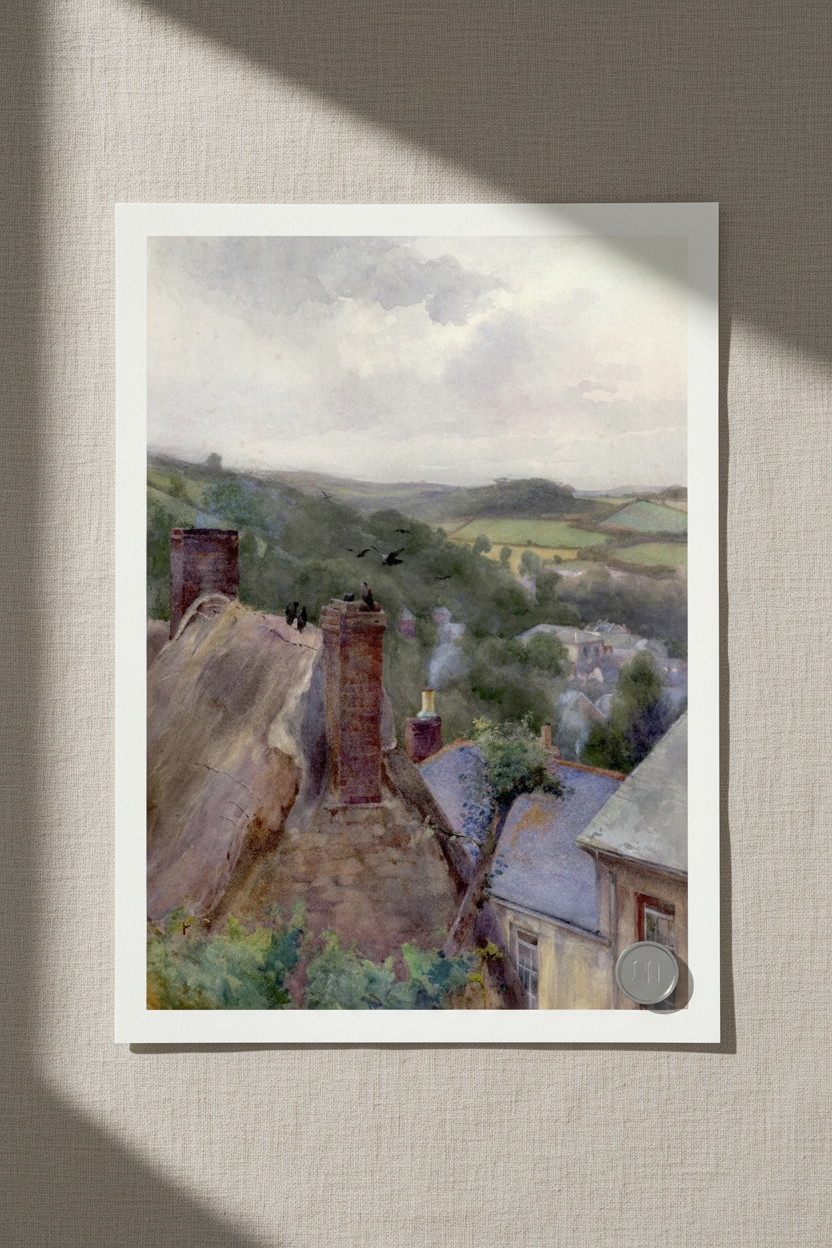 Unframed Collector’s Edition print of Rooftops, Thomastown, Kilkenny by Mildred Anne Butler on natural linen surface