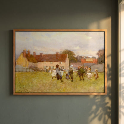 Here We Dance, Lubin Lubin framed print in a natural oak frame on a dark green wall beside a window, dappled plant shadow