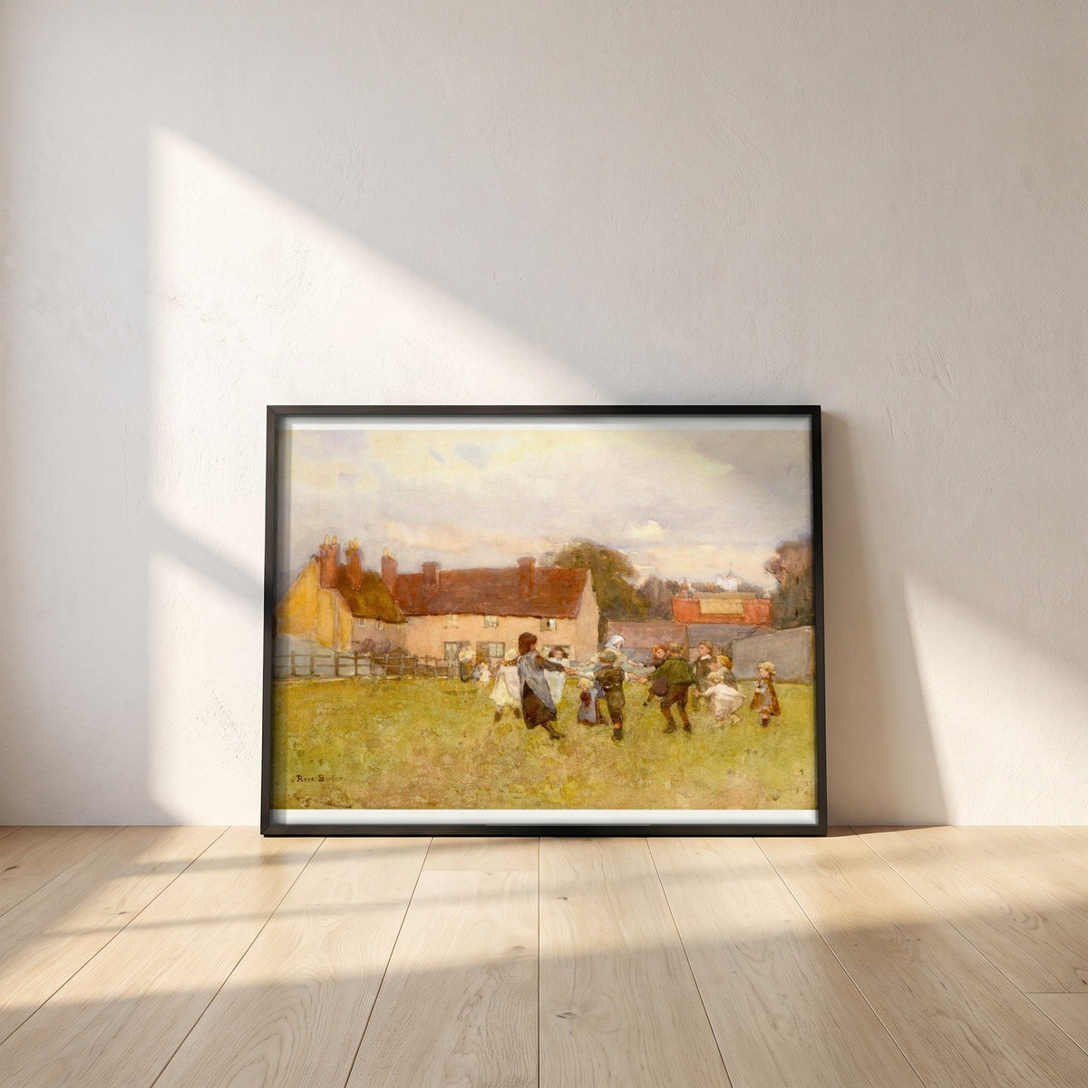 Here We Dance, Lubin Lubin framed print in a black frame leaning against a white plaster wall on oak floorboards in morning light