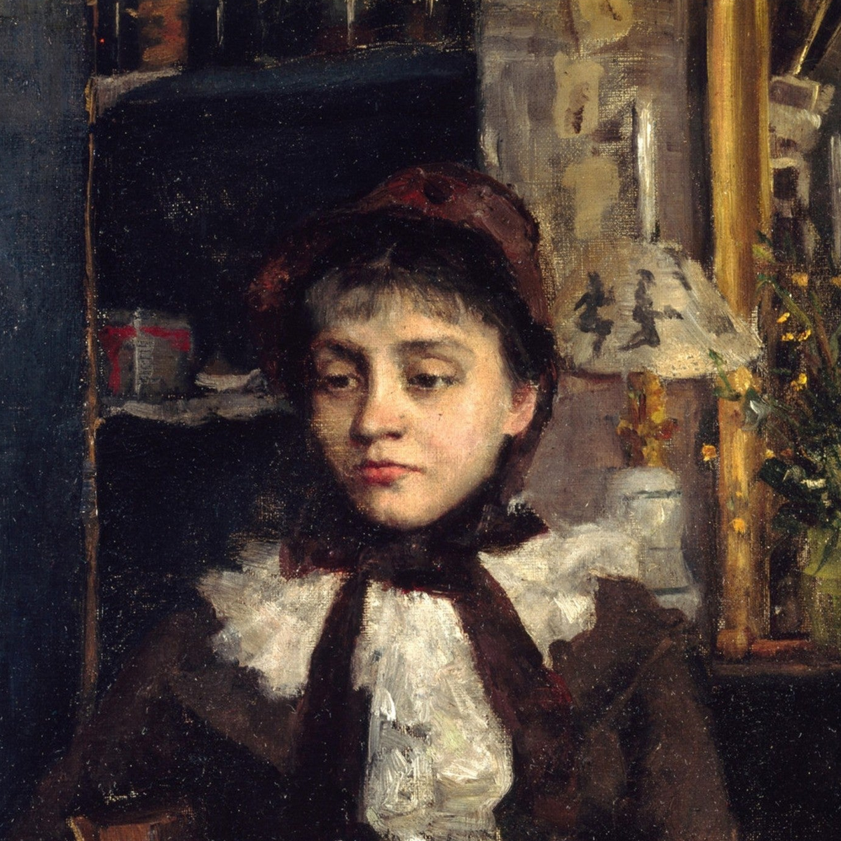 Detail of Le Petit Déjeuner by Sarah Purser showing the woman's face, brown hat and white ruffled cravat