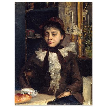 Sarah Purser Le Petit Déjeuner unframed print, woman with coffee cup and bread roll