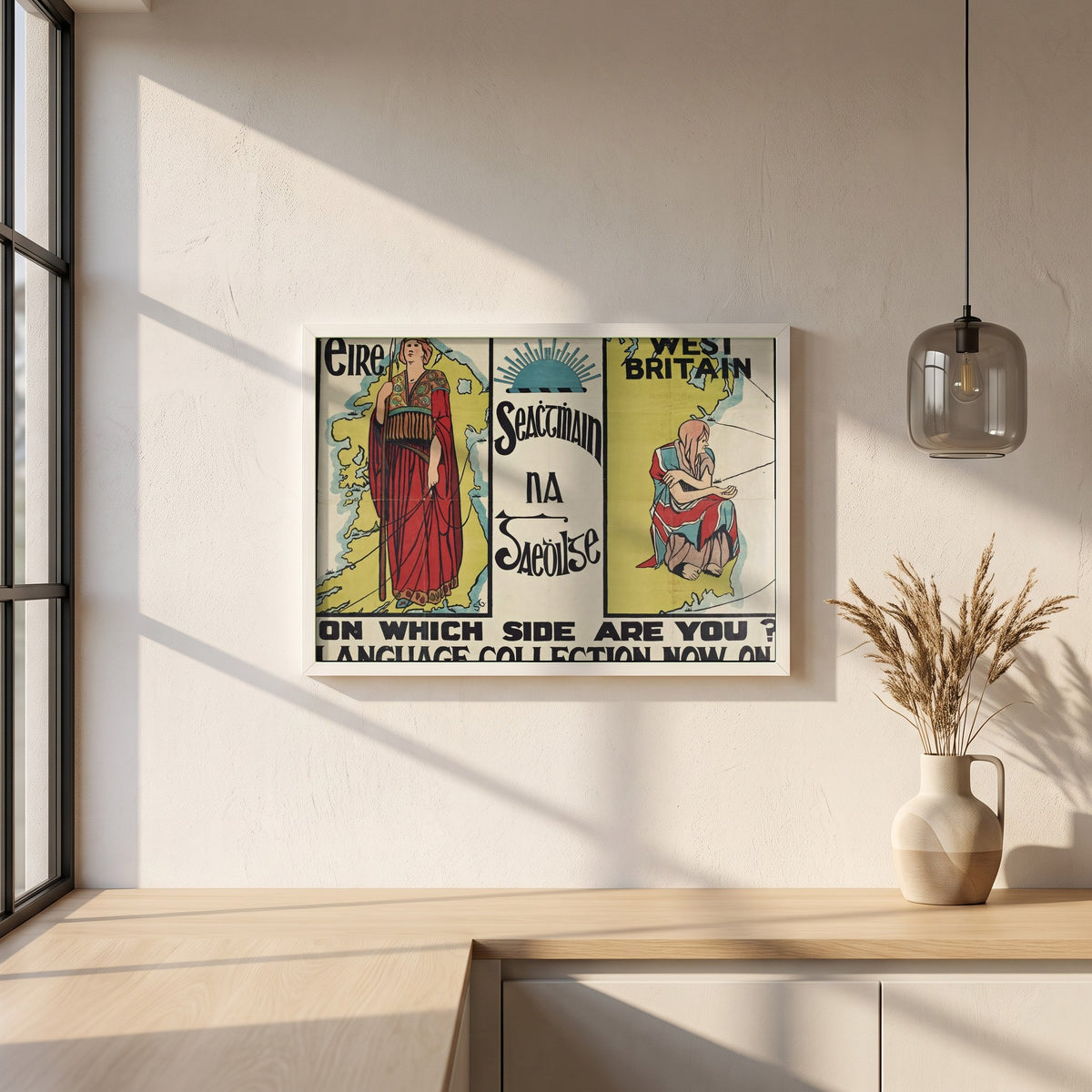 Seachtain na Gaeilge framed print in a white frame on a plaster wall above an oak worktop in a bright Scandinavian kitchen