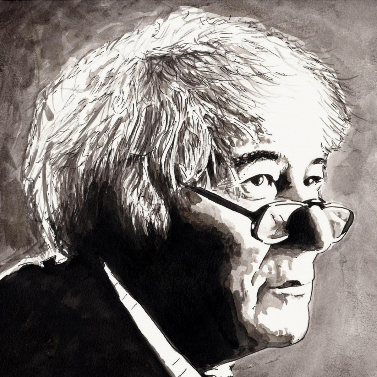 Detail of the Seamus Heaney portrait showing his white hair and reading glasses