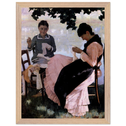 Sewing in the Shade by John Lavery print in a light oak frame, two women sewing in a garden