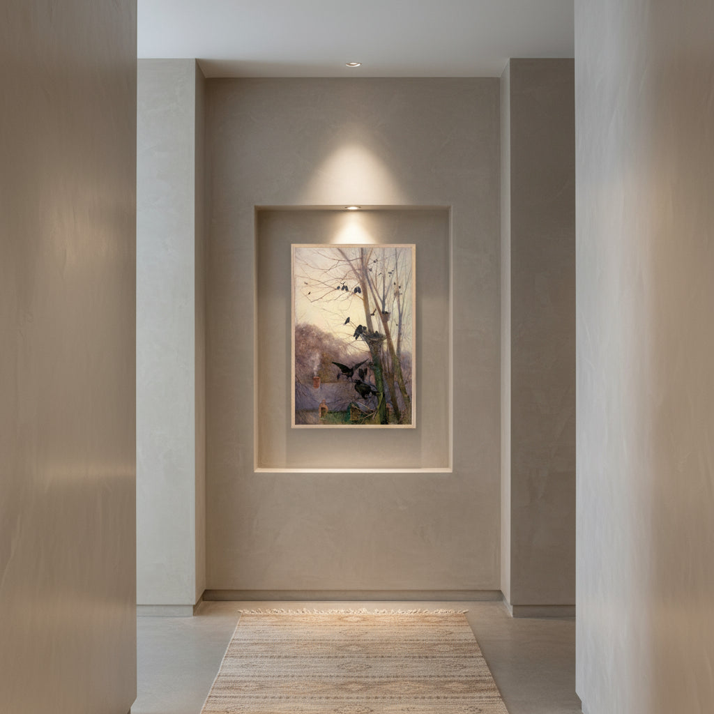 Shades of Evening by Mildred Anne Butler in natural oak frame displayed in recessed wall niche