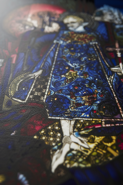 Macro shot with implied scale, canvas texture in sharp focus, subtle blurred background, fine woven surface highlighted by soft raking light, luxury product showcase.