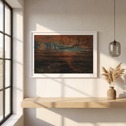 Sunset at Sea After a Storm framed print in a white frame on a plaster wall above an oak worktop in a bright Scandinavian kitchen